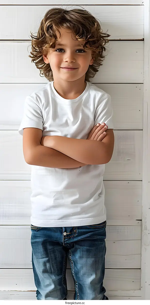 Portrait of a Cute Boy with Curly Hair Wearing a White T-Shirt and Blue Jeans