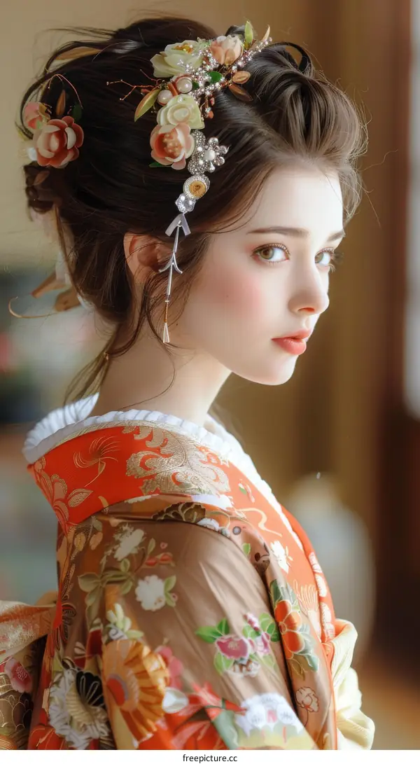 portrait of a beautiful asian woman in traditional japanese kimono