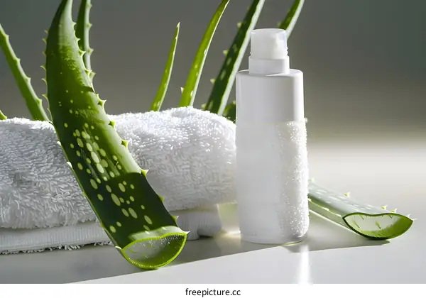 Aloe Vera Plant and White Bottle of Lotion