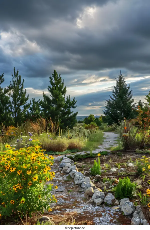 Stone Path Through Garden With Yellow Flowers And Cloudy Sky