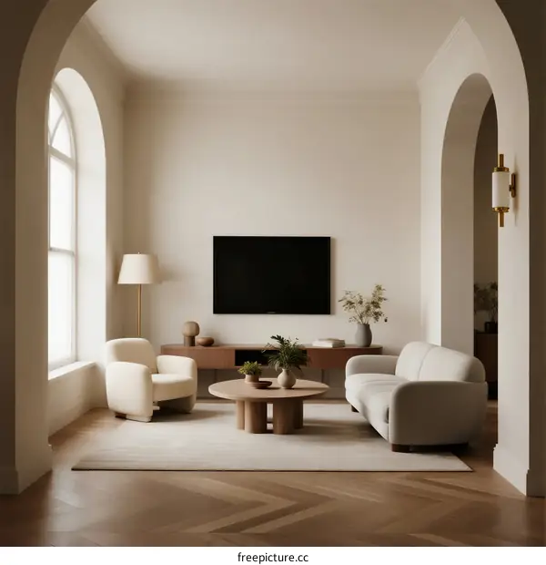 Modern Living Room with Arched Windows and Neutral Furniture