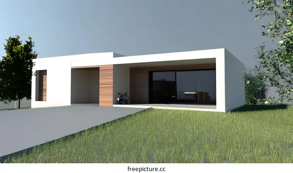 Modern White House with Wooden Accents and Green Lawn