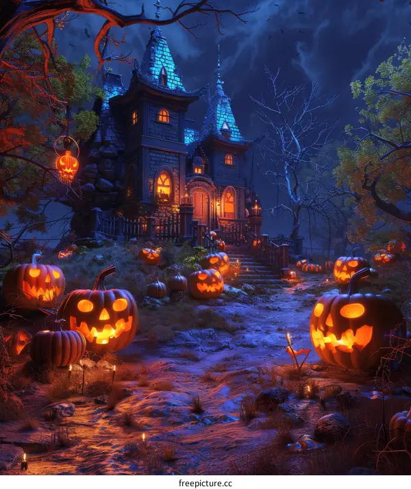 Haunted House on Halloween Night with Pumpkins