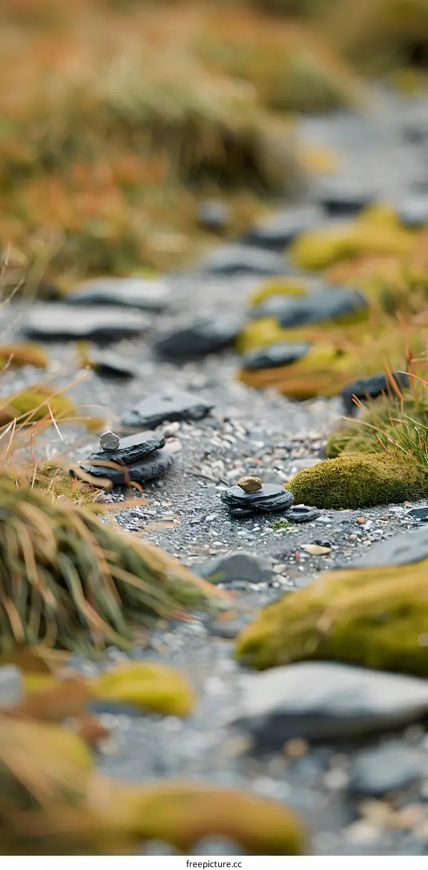 Stacked Stones in a Stream Bed with Green Moss