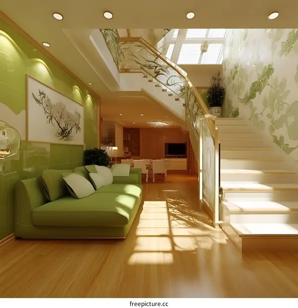 Modern Home Interior Design with Green Sofa and Staircase
