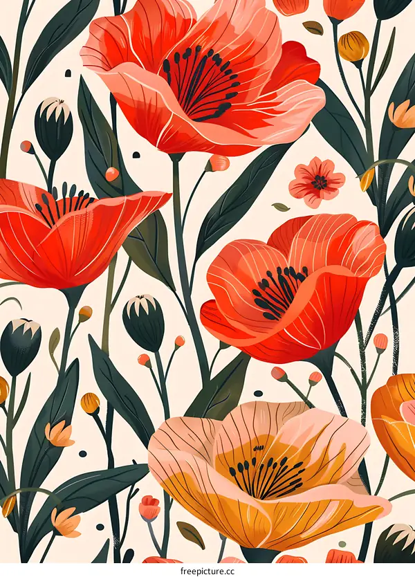 Floral Pattern with Red Poppies and Yellow Flowers