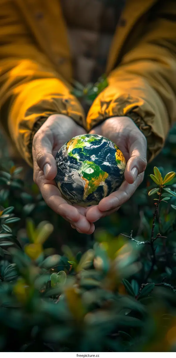A Hand Holding the Earth Amidst Verdant Surroundings