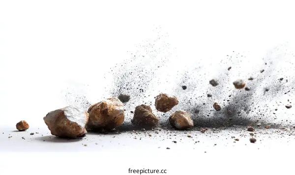 Rocks Crashing and Powdering on White Background
