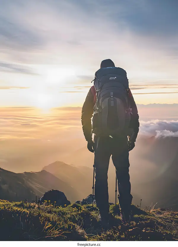 Man Standing on Mountain Peak with Backpack at Sunset