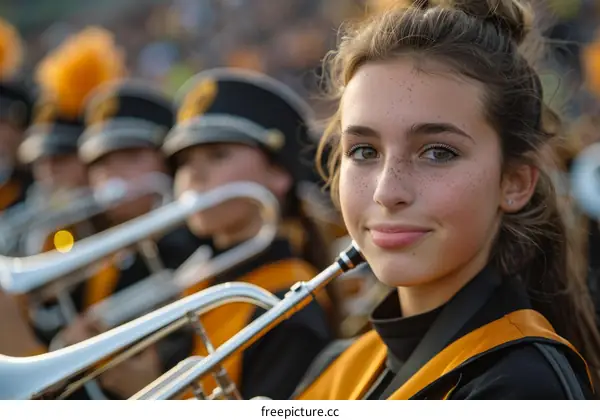 High school girl playing the trumpet in a marching band