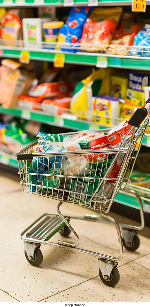 Shopping Cart Filled with Groceries in a Supermarket