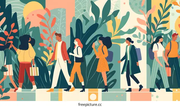People Walking Through Green Foliage Illustration