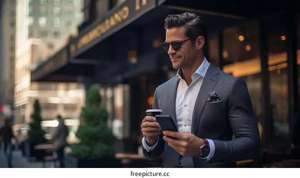 Confident businessman in suit using phone and holding coffee cup