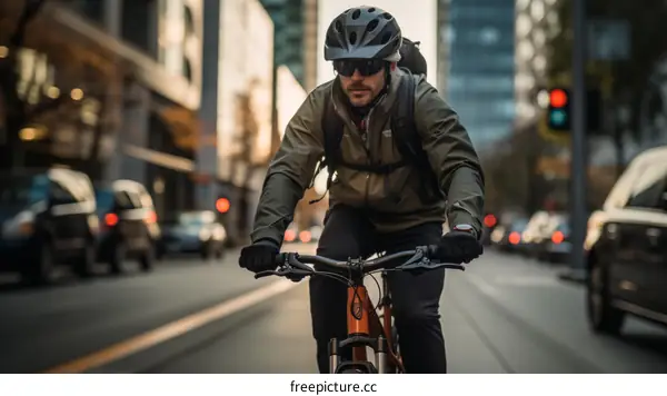 A cyclist rides his bike down a busy city street