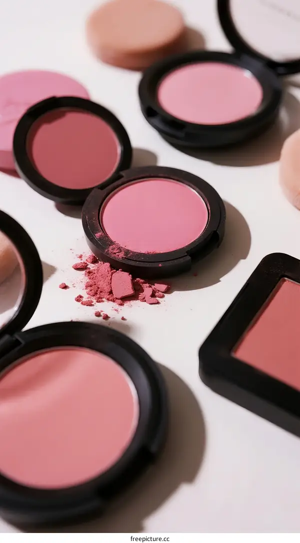 Collection of various pink blushes with open compacts and powder