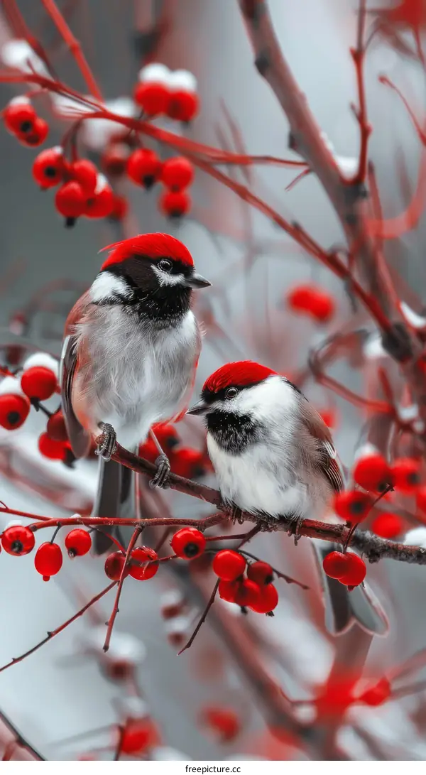Two birds are perched on a branch with red berries