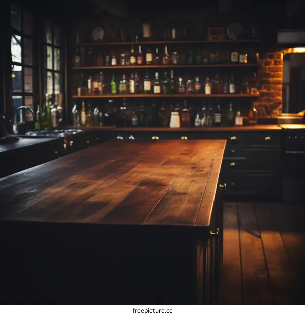 kitchen island with wood top and black cabinets in a modern home