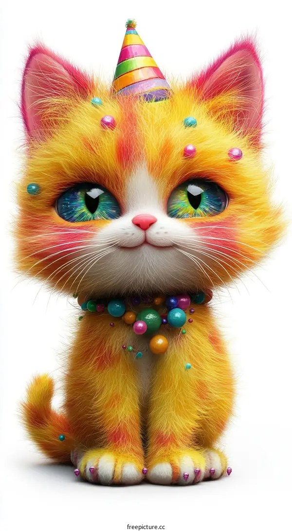 Cute Cartoon Cat with Party Hat and Decorations