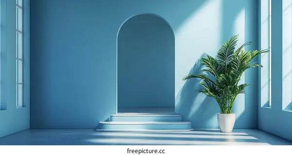 Minimalist Blue Room With Archway And Plant