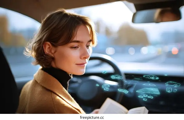 Woman Reading Book While Driving with Futuristic Dashboard