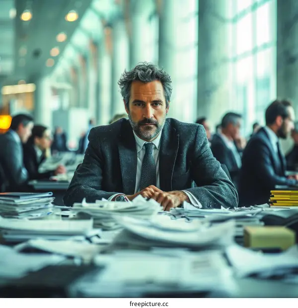 A man in a suit is sitting at a desk in an office surrounded by papers.