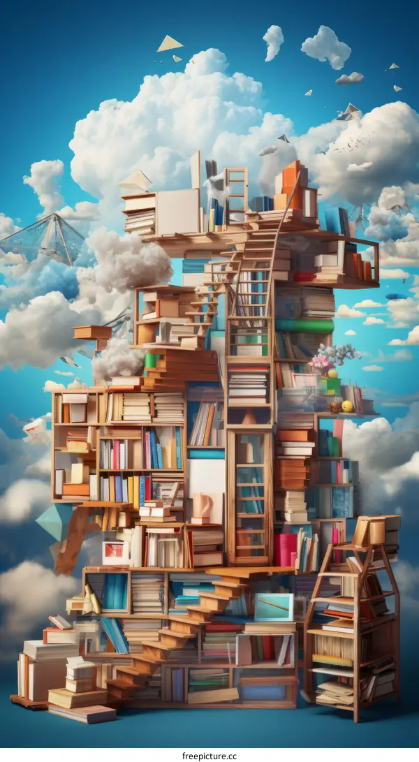 Surreal illustration of a library with bookshelves reaching up to the sky