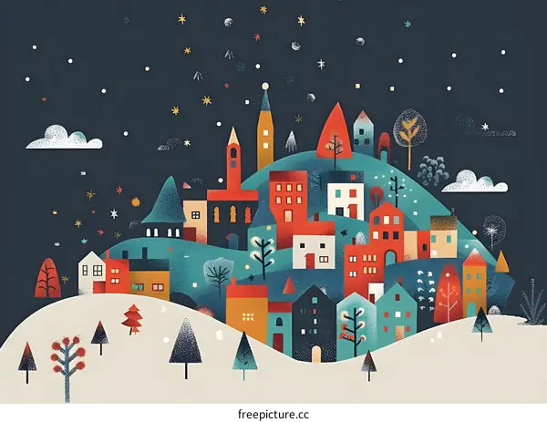 Winter Night Cityscape With Snowy Hills