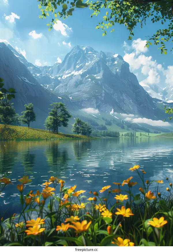 Majestic Mountain Lake with Wildflowers