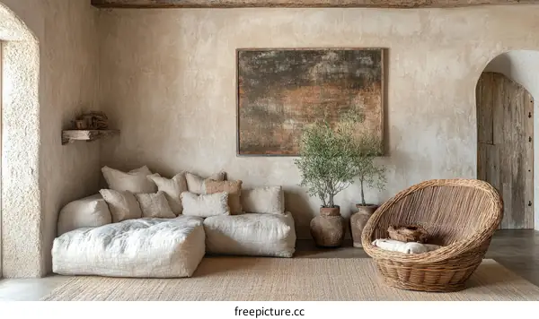 Beige Living Room with Rustic Furniture and Abstract Art