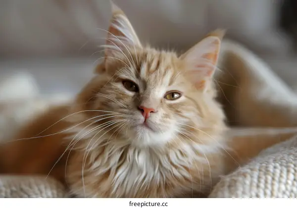 A ginger cat is lying on a blanket
