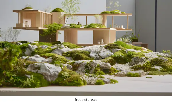 Modern Minimalist Wooden House Model With Moss and Rocks