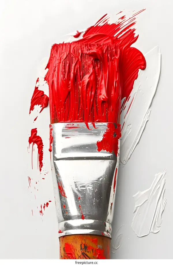 Close-up of a paintbrush with red paint on a white background