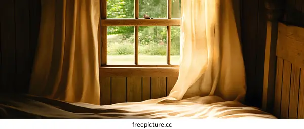 Rustic Cabin Window With Sunlight Shining Through Curtains