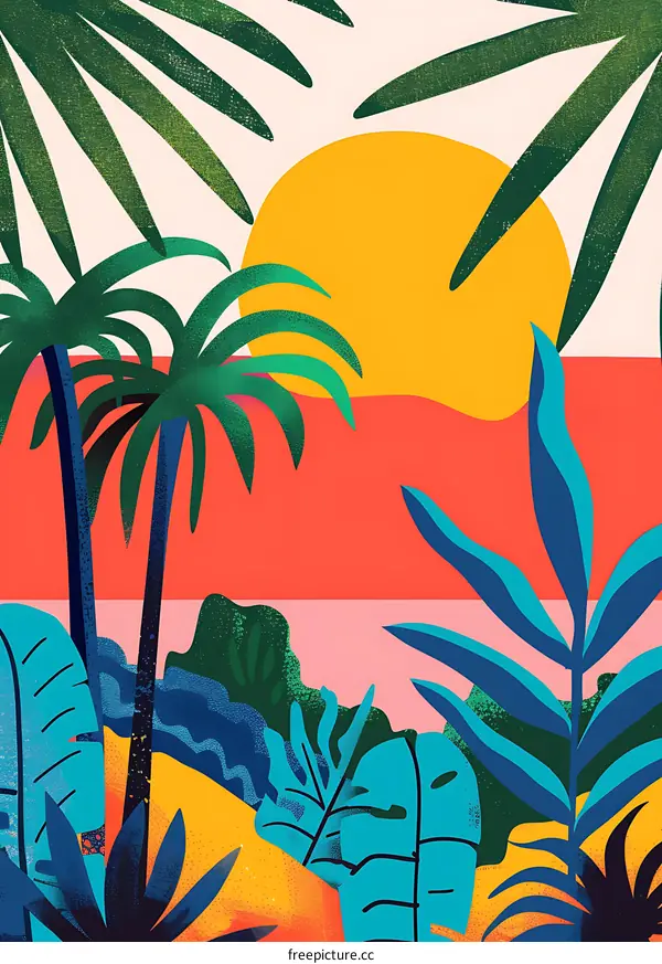 Tropical Sunset Illustration with Palm Trees