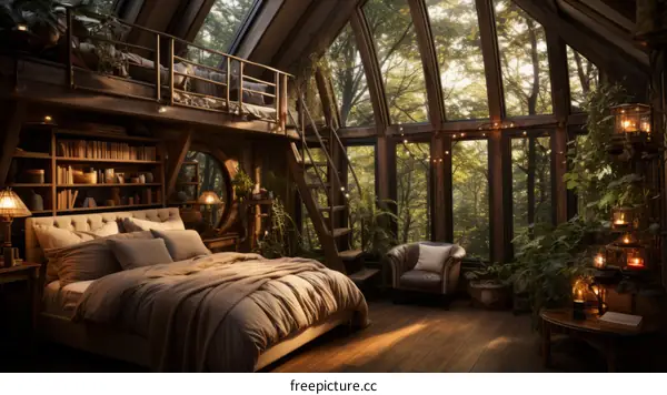 A cozy bedroom in a forest cabin