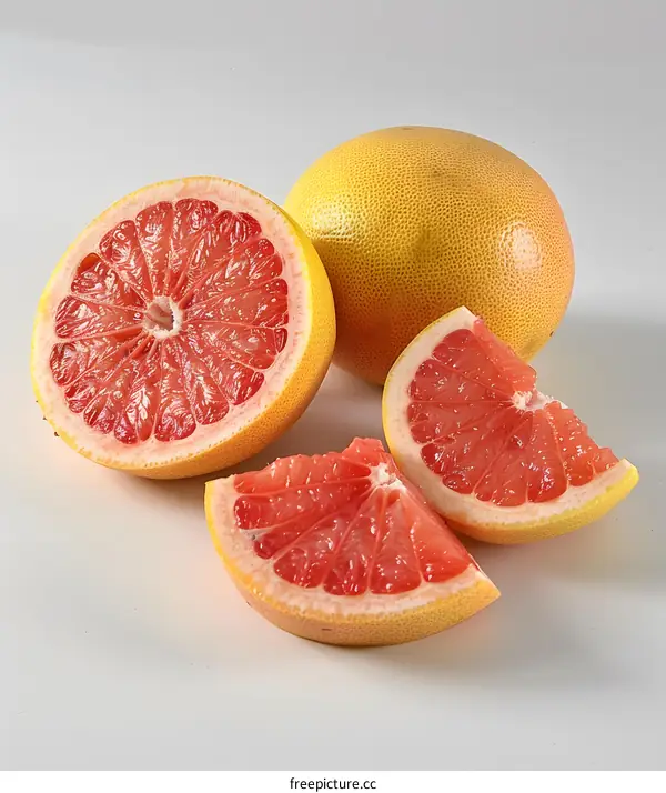 Closeup of Fresh Ripe Grapefruit Slices on White Background