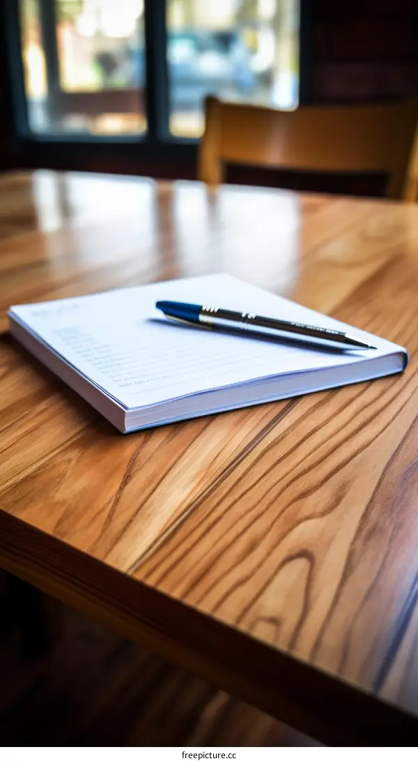 Blue pen on notebook on wooden table