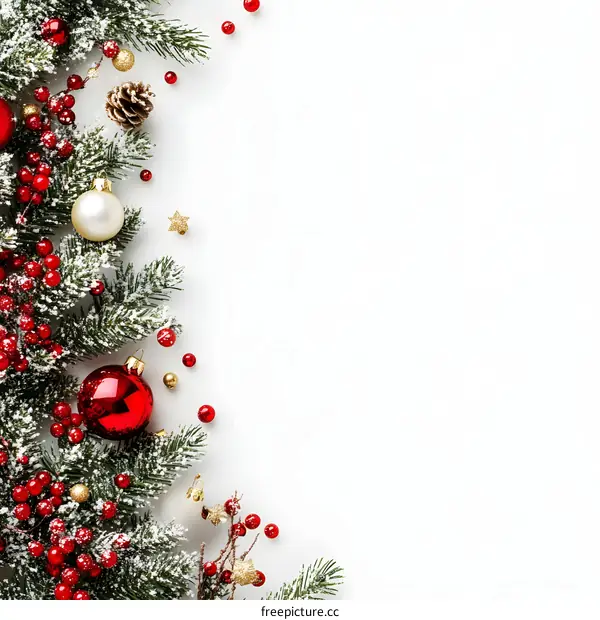 Christmas Decor with Pine Branches, Red Berries, and Ornaments on White Background