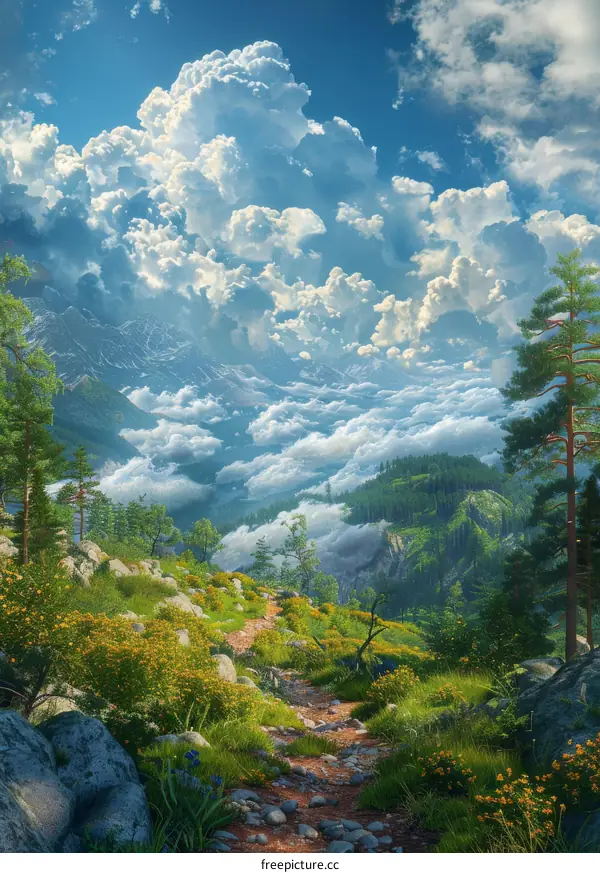 Scenic Mountain Path Under a Cloudy Sky
