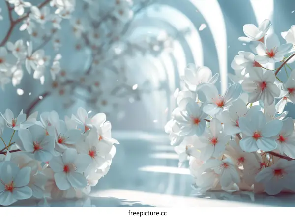 White Cherry Blossoms Blooming Under a Blue Archway