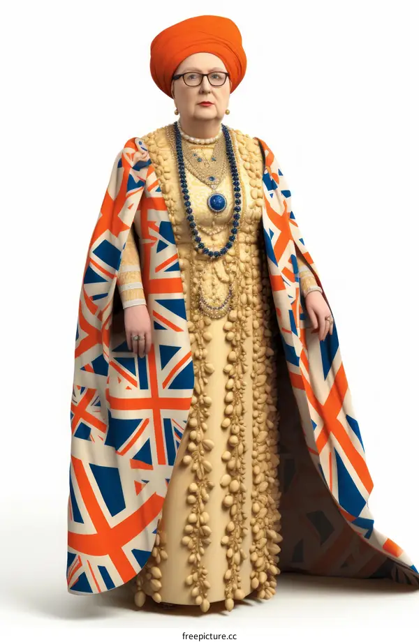 Queen Elizabeth II in a dress made of British flags