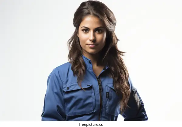 portrait of a young female astronaut in a blue spacesuit