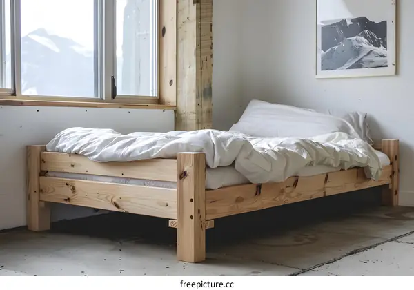 Wooden Bed Frame with Mountain View