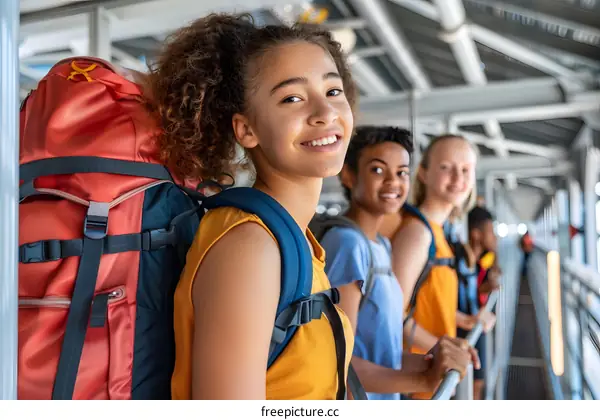 Group of Young People Standing in Line with Backpacks