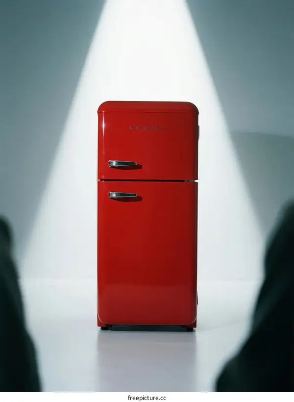 A bright red retro refrigerator standing under spotlight in modern room