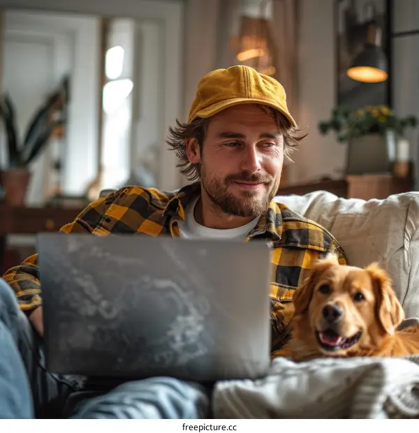 A man and his golden retriever dog are sitting on a couch and looking at each other