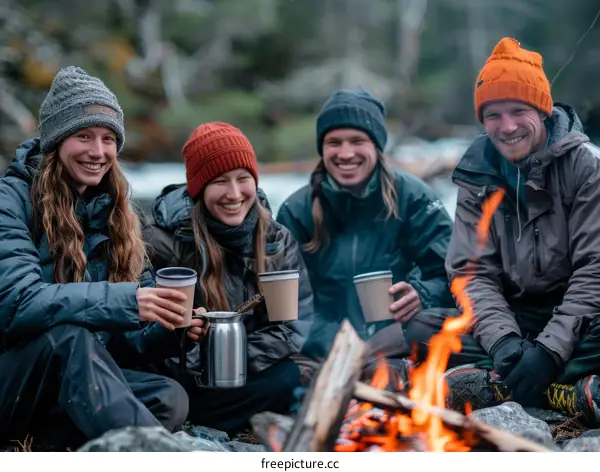 Four friends camping in the woods