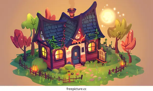 Enchanted Cottage with Moon and Stars Illustration
