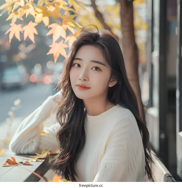 Beautiful Asian Woman with Long Black Hair Sitting in a Cafe