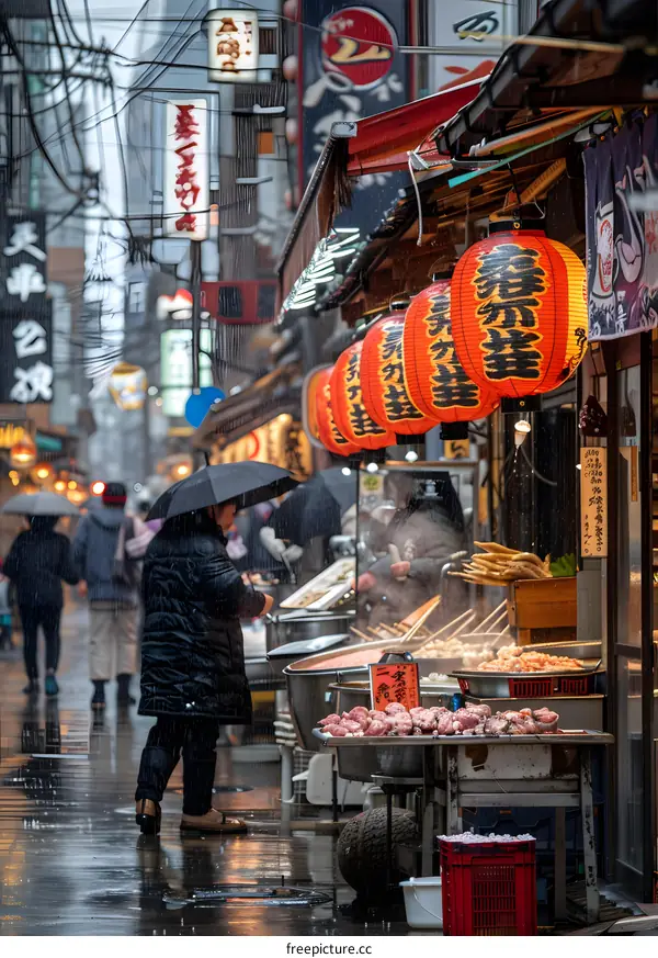Rainy Day Street Food Market in Japan